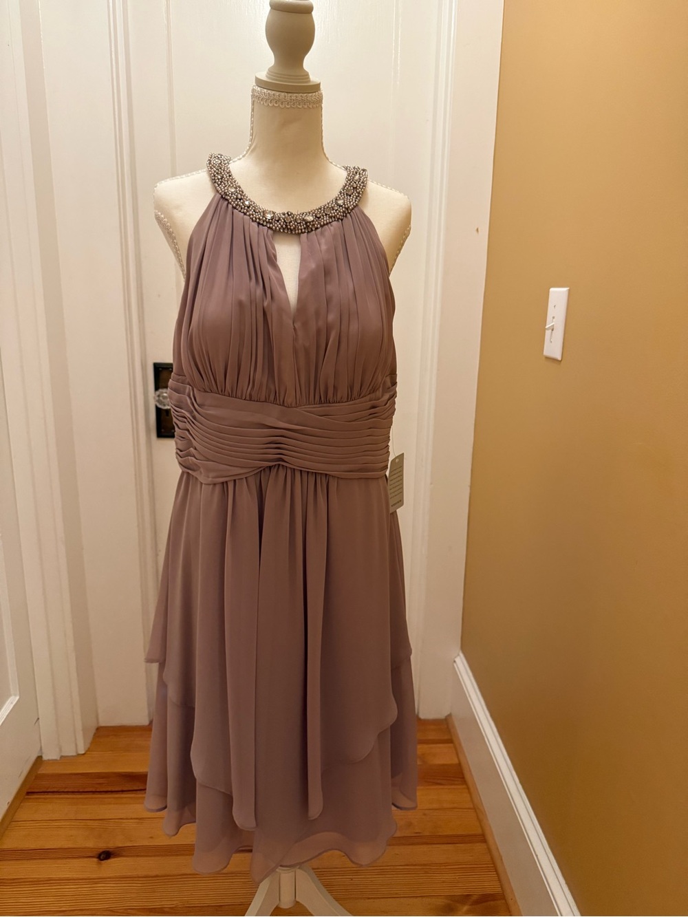 Eliza J Taupe Embellished Neck Chiffon Dress